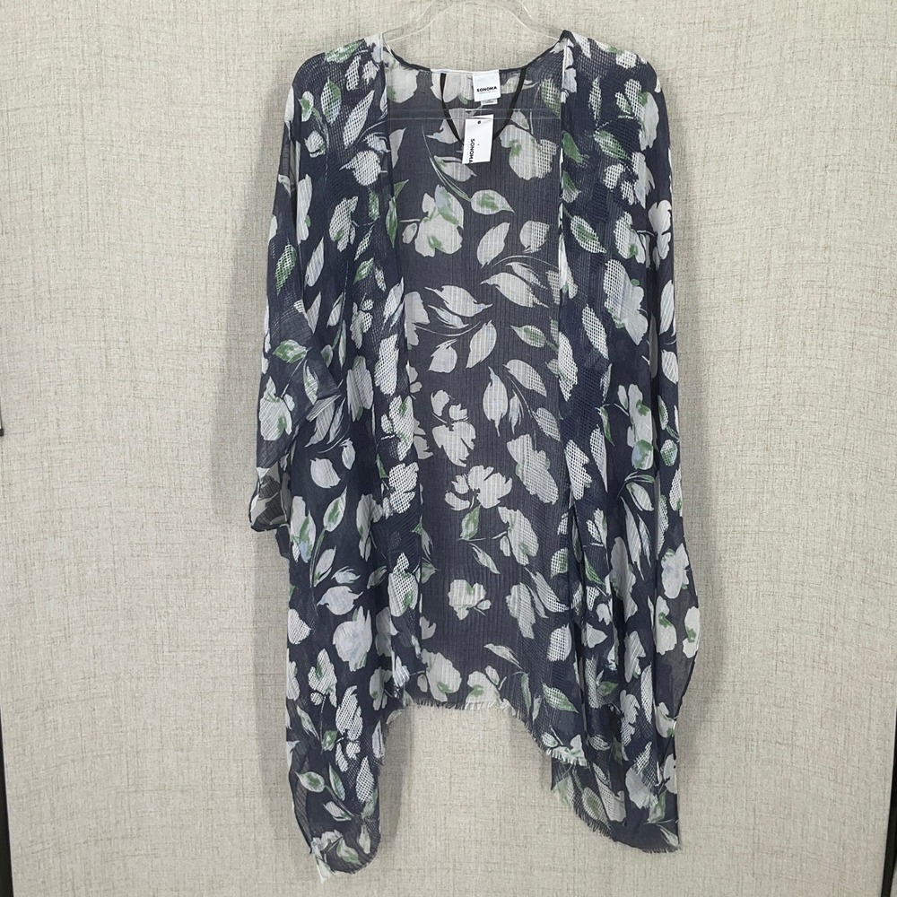 Sonoma Kimono Wrap Women One Size Navy Blue Floral Boho Coastal Airy Resort NEW